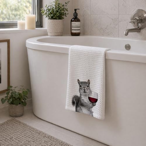 1PCS Funny Wine Lover Kitchen Towels, Squirrel Wine Dish Towels for Kitchen, 16x23.5 Inch Absorbent Waffle Tea Towels, Decorative Hand Towels, Housewarming Hostess Gifts