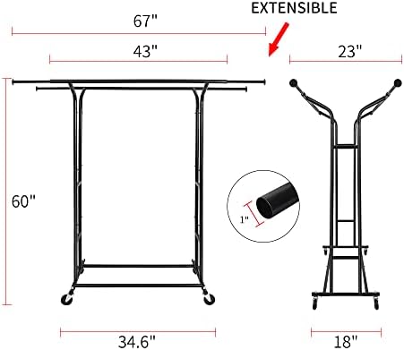 Fishat Black 60" H Heavy Duty Double Rod Rolling Clothes Garment Rack