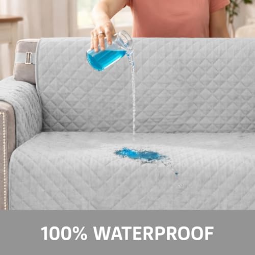Sofa Shield 100% Waterproof Couch Cover with Patented Straps, Slip & Stain Resistant Furniture Protector, Machine Washable Sofa Slipcover for Dogs Cats Pets Kids, 70 inch Seat, Light Gray