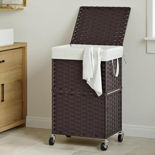 Chrislley Wicker Laundry Basket with Wheels,Rolling Laundry Hamper with Lid