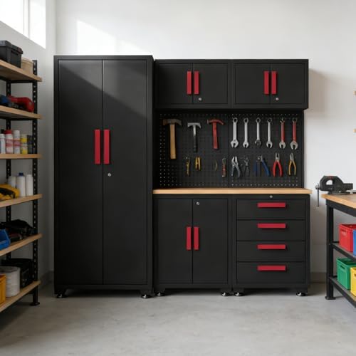 Garage Storage Cabinet System, 6-Pcs Garage Cabinets and Storage System Corne...
