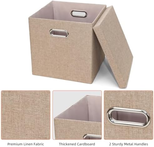 Storage Bins with Lids, Linen Fabric Boxes Organizer Containers with Lid Fold...