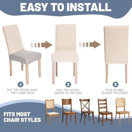 Waterproof Dining Chair Covers, Heavyweight Stretch Jacquard Chair Slipcovers Removable and Washable Chair Covers Seat Parson Chair Slipcover for Dining Room and Kitchen (Beige, Set of 4)