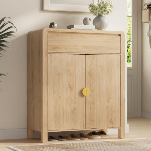 Natural Oak Shoe Storage Cabinet with Drawer, 2 Doors, Adjustable Shelves