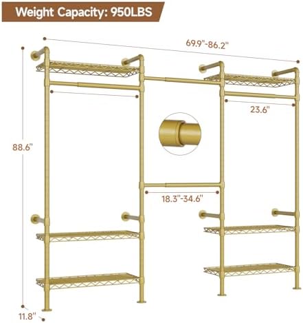 3-Bay Industrial Pipe Closet System, Wall Mounted Garment Racks, Gold