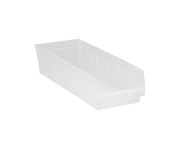 Quantum Storage QSB104 Heavy-Duty Nesting Plastic Shelf Bins for Pharmacy, Hospital & Warehouse, Hanging Lip & 7 Divider Slots, 18" x 7" x 4", Clear, 20-Pack