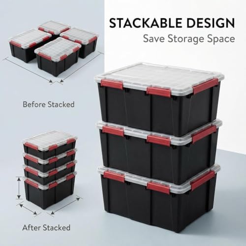 2 Pack 20 Gallon Stackable Plastic Storage Bins with Gasket Lids, Black
