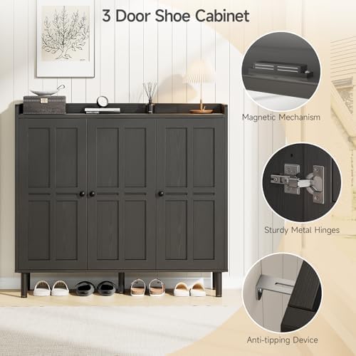 ONBRILL Shoe Cabinet with 3 Doors & Adjustable Shelves for Entryway(Black)