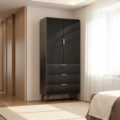 Fluted Tall Cabinet Kitchen Pantry with Adjustable Shelves, Black