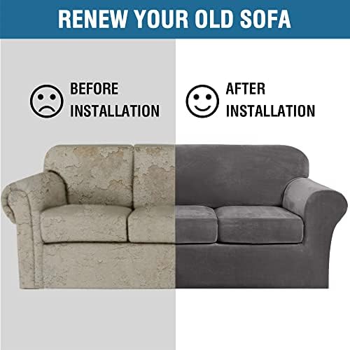 H.VERSAILTEX 4 Pieces Thick Velvet Sofa Covers Couch Covers for 3 Cushion Couch Sofa High Stretch Slipcovers Furniture Protector Form Fit Luxury Couch Cover for Dogs Width Up to 90 Inch(Sofa,Grey)