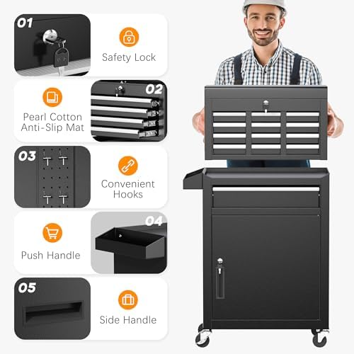 INTERGREAT Rolling Tool Chest with Wheels and 5 Drawers, Detachable Tool Cabi...