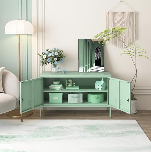 Green 2-Door Wide Lockable Metal Storage Cabinet, TV Stand & Media Consol...