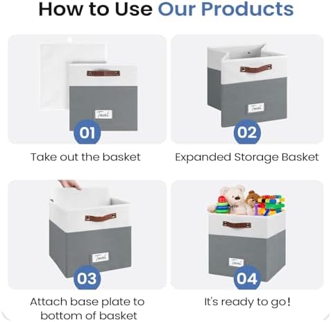 FinishingBo 13 inch Storage Bins with Labels 6 Pack | PU Leather Handles, Foldable Storage Cubes, Storage Baskets, Closet Storage, White/Dark Grey