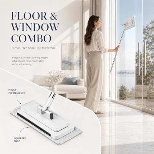 Hands-Free Multi-Purpose Flat Mop, Shark Tooth Triple Grip Built-in Rubber Squeegee for Window One Button Automatic Release Flat Mop Washable Reusable Microfiber Cloth,10×49 in