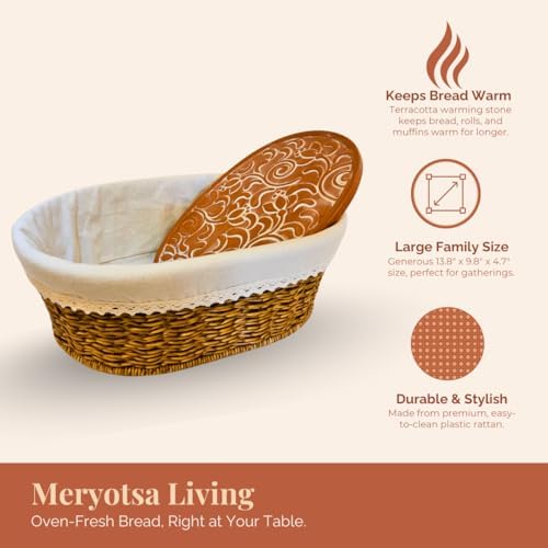 Bread Basket with Warmer – Woven Bread Basket with Terracotta Warming Stone, ...