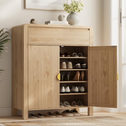 Natural Oak Shoe Storage Cabinet with Drawer, 2 Doors, Adjustable Shelves
