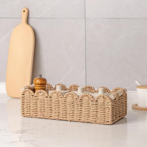 CubesLand Scalloped Toilet Paper Storage Basket W/Handle for Home Decor | Paper Rope Toilet Organizer Basket for Countertop, Over Toilet Shelf, End Table, Living Room, Bedroom Decor & More, Neutral