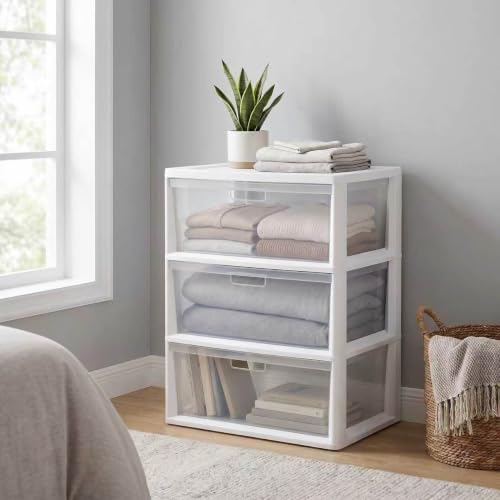 Wide 3 Drawer White Plastic Storage Tower with Clear Removable Bins
