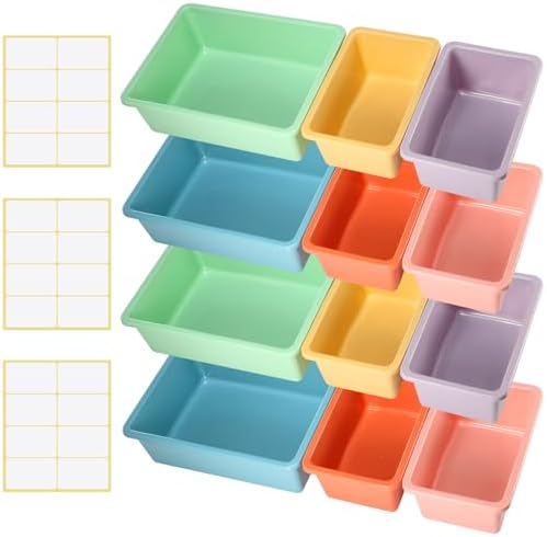 Zonon 12 Pcs Plastic Cubby Bins Office Storage Container Storage Bins Plastic Organization with 1 Pack Self Adhesive Label for Library Office Home Nursery(Pastel)