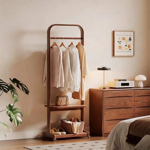 Solid Wood Clothing Racks with Shelves, Rolling Clothes Rack for Hanging Clot...