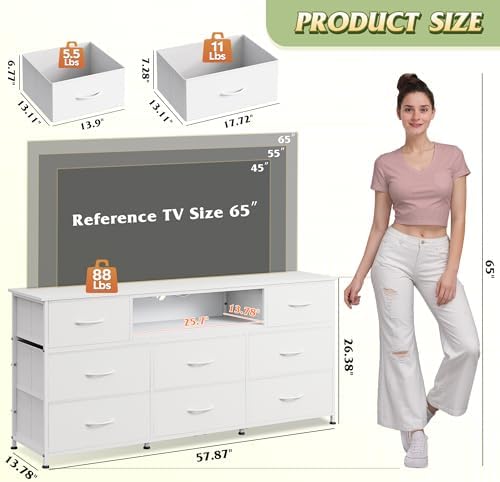 WLIVE LED Dresser TV Stand for 65 Inch TV, 8 Drawers, White