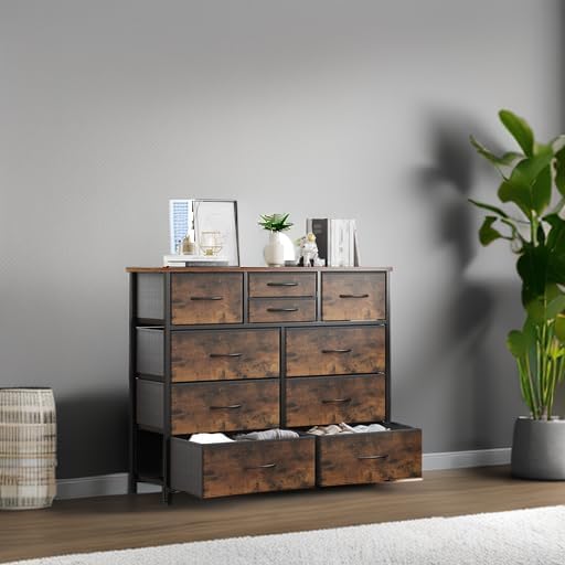 LUMTOK 10 Drawers Dresser with Fabric Bins for Bedroom,Closets，Rustic Brown