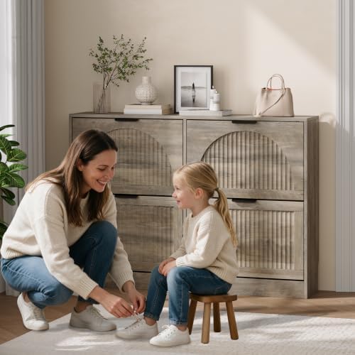 Fluted Shoe Storage Cabinet for Entryway, 4 Flip Drawers, Grey