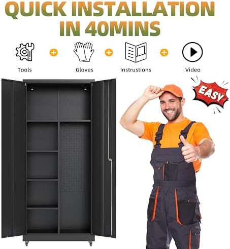 71''H Metal Garage Storage Cabinet with Wheels, Broom Cabinet with Lock