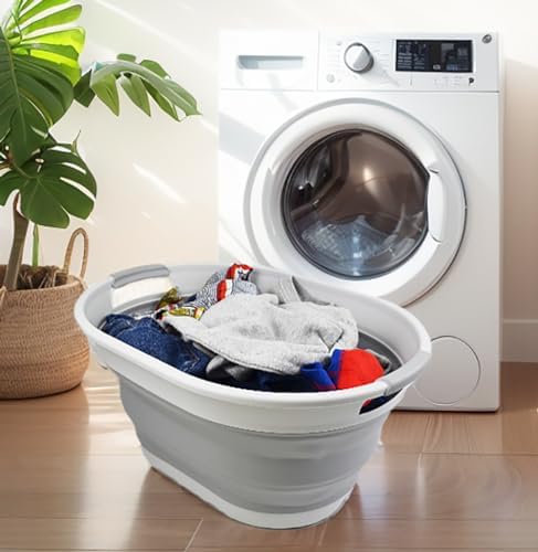 SAMMART 28L (7.4 Gallon) Oval Collapsible Plastic Laundry Basket - Foldable Pop Up Storage Container/Organizer - Portable Washing Tub - Space Saving Hamper/Basket (White/Grey (Set of 2))