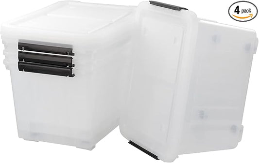 Bringer 4-Pack 30 L Clear Plastic Storage Box, Large Wheeled Storage Bin by Bringer