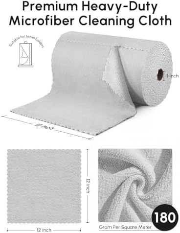 Microfiber Cleaning Cloths Roll 75 Pack 12x12 Inch Lint Free | Tear away design, lint free, washable, scratch free, ultra absorbent, for dish rags and household cleaning, Grey color