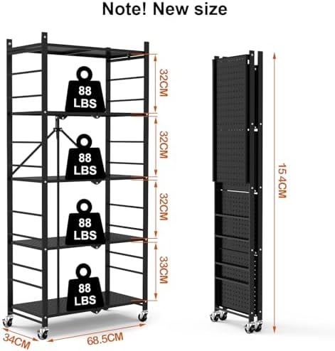 Himix 5-Tier Foldable Storage Shelves with 20 Hooks Wheels Kitchen Black