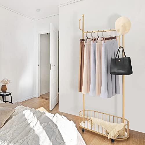 Gold Clothing Rack with Wheels Rolling Clothes Rack with Storage Basket Metal...