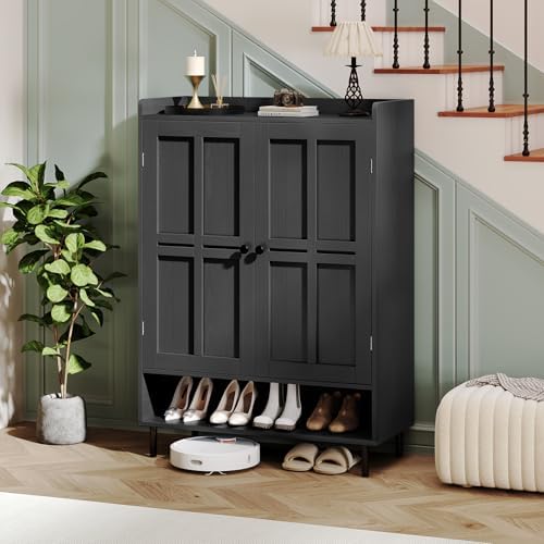 Shoe Storage Cabinet with 2 Doors, 6-Tier Shoe Cabinet with 3 Adjustable Shelves and Metal Legs, 45'' Tall Shoe Rack Organizer Cabinet for Entryway, Front Door, Black