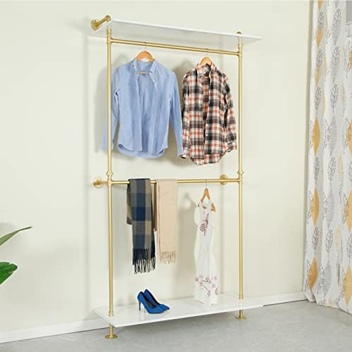 Industrial Clothing Store 2-Tier Pipe and Wood Garment Rack,Wall Mounted Stor...