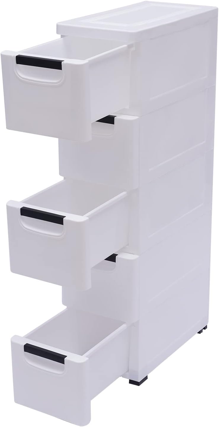 5 Drawers Narrow Slim Plastic Storage Cabinet,Storage Drawer with 4 Wheels,5 ...
