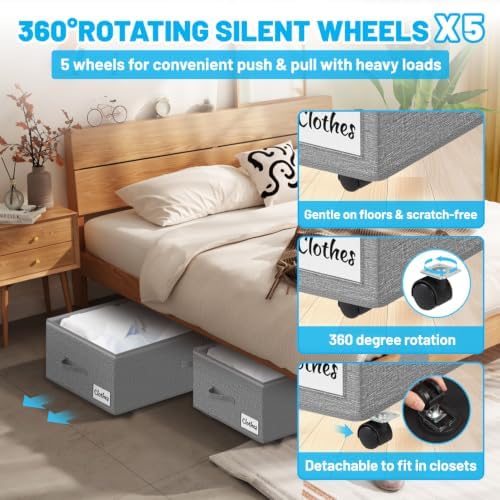 Under Bed Storage with Wheels, 4-Pack 10" Height XXL 75L Rolling Storage...