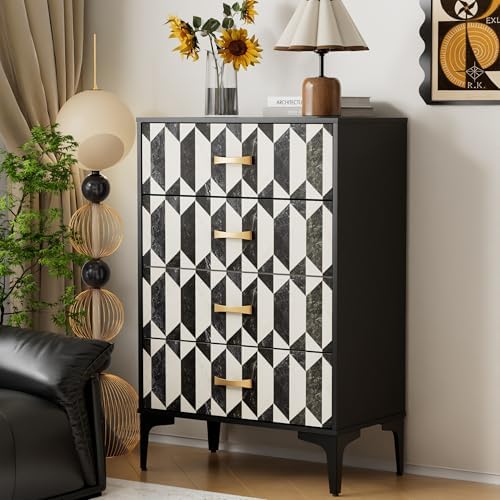 Anbuy Faux Marble 4 Drawers Dresser for Bedroom, Black and White Marble Moder...