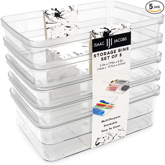 Isaac Jacobs 5-Pack Small Clear Storage Bins, Plastic Organizer by IsaacJacobs