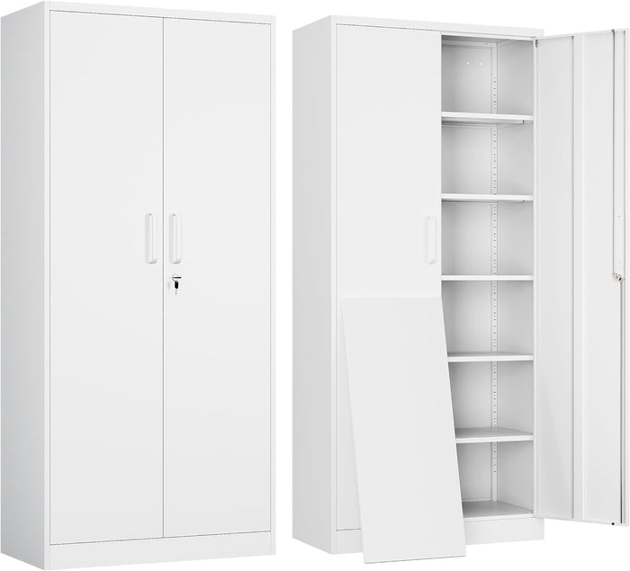 71" H Metal Storage Cabinet with Lock, White Garage Cabinets with 2 Doors and 5 Adjustable Shelves, Steel Locking Caninets Tall Tool Utility Caninet, Lockable Outdoor Furniture for Home Office