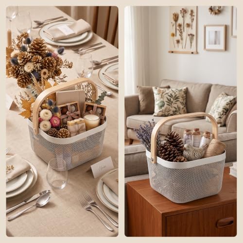 Roshtia 6 Pcs Metal Mesh Basket with Handle, White Garden Basket for Fall