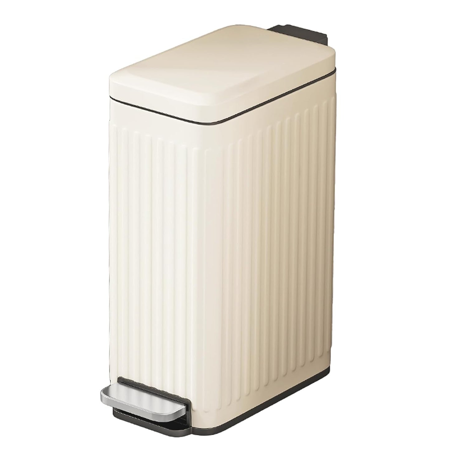 Slim Bathroom Trash Can with Lid 5.5-Inch Wide Fluted Creamy White | Ultra-Slim Bathroom Trash Can Fluted Stainless Steel Soft Close Lid Step Pedal 10L Outer 8L Removable Inner Bucket