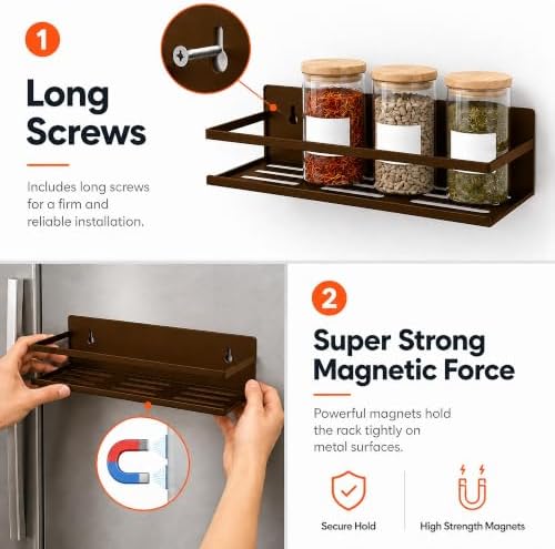 SMRCAD 4 Pack Metal Magnetic Spice Rack for Fridge – Heavy-Duty | Iron Construction, Rust-Resistant, Dust-Resistant, Fits Condiment Bottles, Includes Screws for Optional Wall Mount