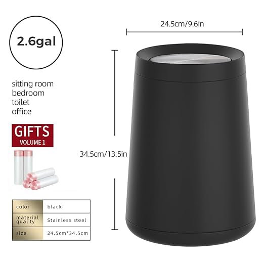 10 L/2.6 Gallon, Matte Black Bathroom Trash Can, Metal Garbage Can - Image 6