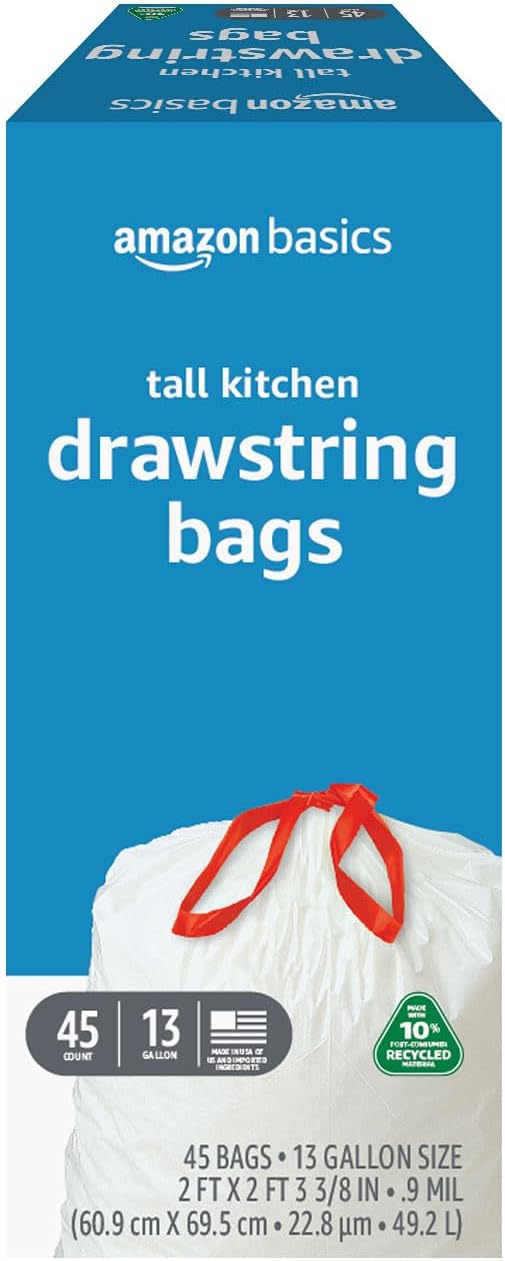 Amazon Basics 13 Gallon Tall Kitchen Drawstring Trash Bags, 10% Post Consumer by AmazonBasics