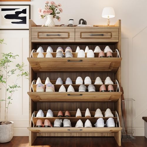 Lakifun Narrow Shoe Organizer Cabinet with 3 Large Flip Drawers & 2 Stora...