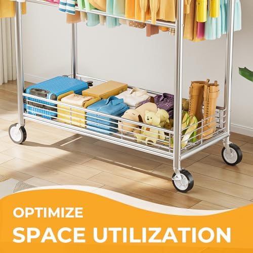 Heavy Duty Clothes Rack Load 960LBS, Three Rods Rolling Clothing Racks for Ha...