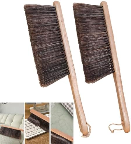 Woooden Dust Brush, Hand Broom Bench Brush, with Long Wood Handle Whisk Broom Soft Bristle Brush for Car Fireplace Clothes Counter Sofa Bed Household Cleaning, 2 Pieces