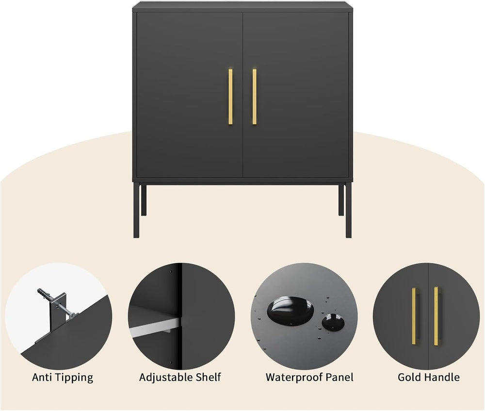 Set of 3 Storage Cabinets with Adjustable Shelf and Gold Handle, Black丨Buffet...