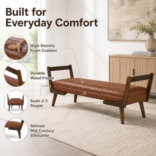 52" Upholstered Bench, Brown Faux Leather, Walnut Legs